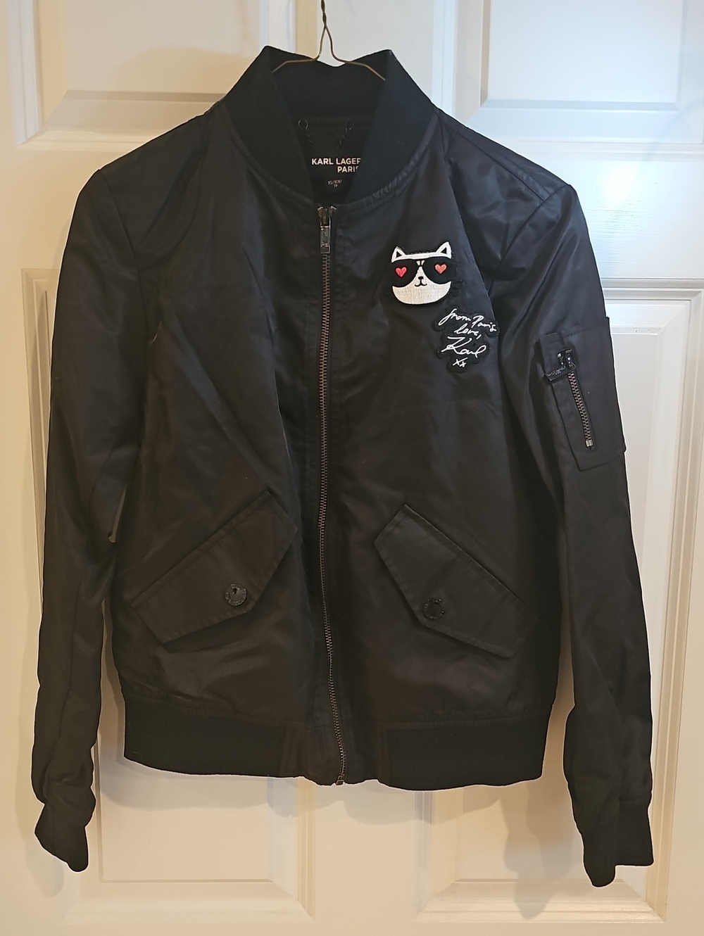 Karl Lagerfeld Black Bomber Jacket with Cat Patch and Heart Sunglasses XS